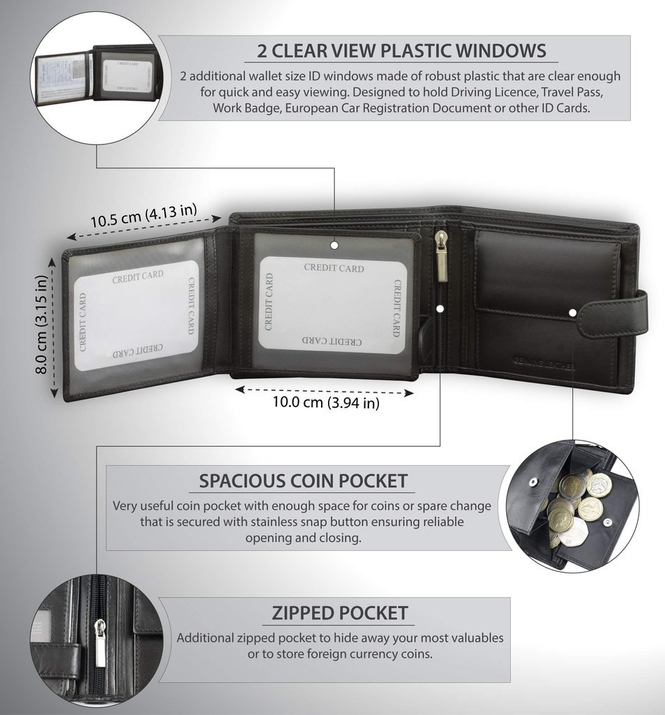 Portofel Bărbătesc din Piele Naturală cu Protecție RFID pentru Carduri Contactless și Monede (Negru)