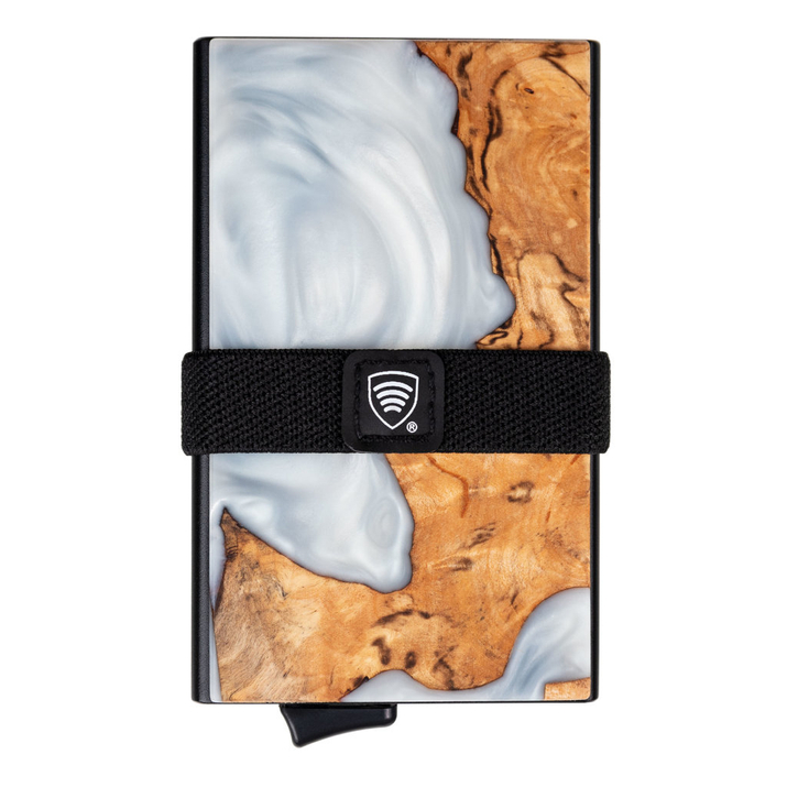 Portofel din aluminiu cu glisiere pentru carduri și protecție pentru carduri de proximitate (lemn + rășină albă)