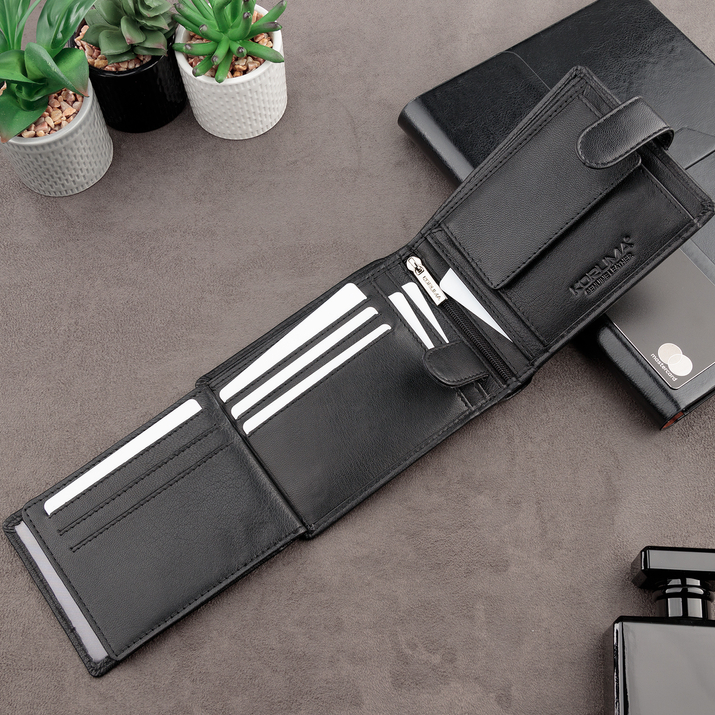Portofel Bărbătesc din Piele Naturală cu Închidere, Protecție RFID, pentru Carduri Contactless și Monede (Negru)