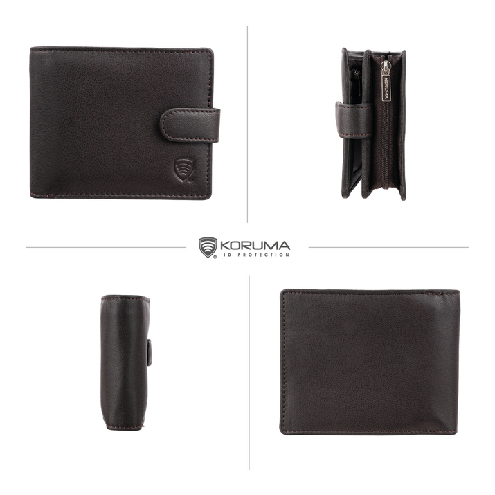 Portofel bărbătesc din piele cu fermoar și securitate RFID (maro)