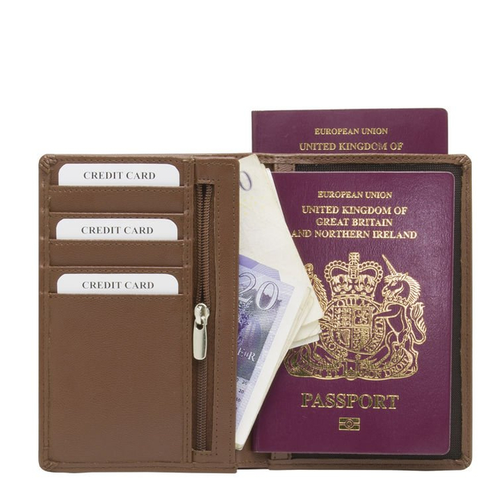 Portofel pentru protejarea cardurilor de proximitate și a pașaportului biometric (maro)