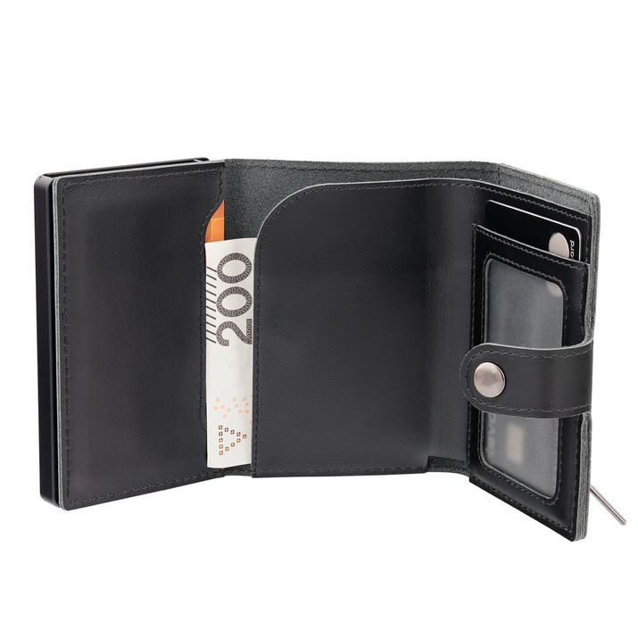 Portofel bărbătesc din piele cu buzunar exterior pentru carduri și carcasă din aluminiu (negru)
