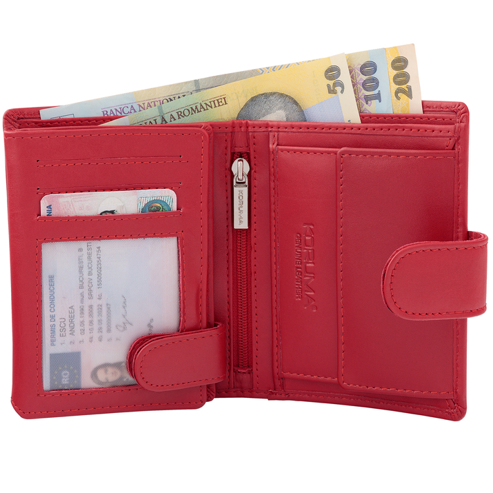 Portofel Dama din Piele Naturală cu Protecție RFID pentru Carduri și Monede (Roșu)