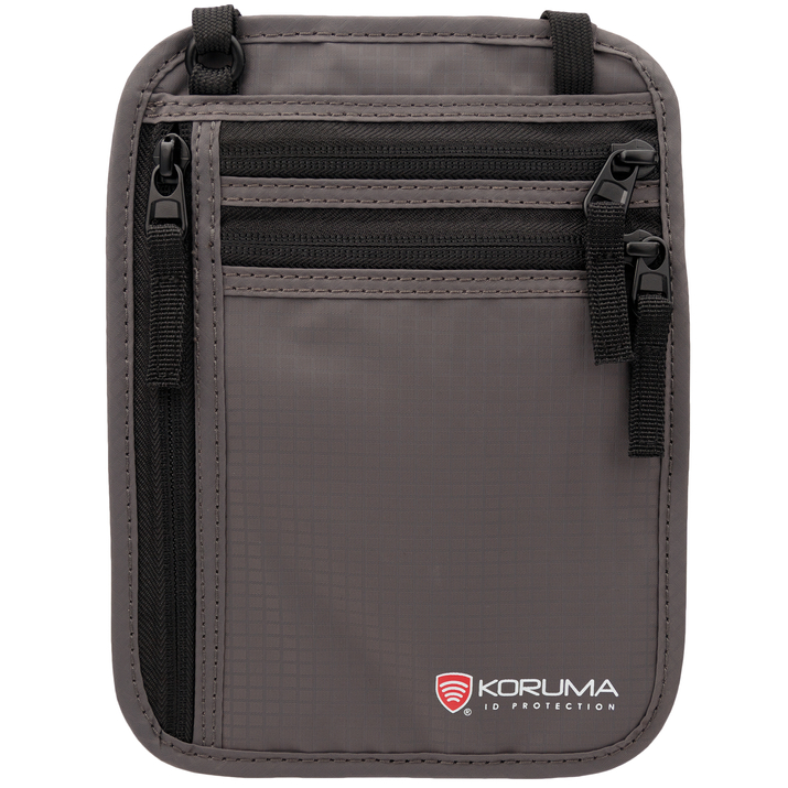 Pungă de Gât Discretă Antifurt cu Protecție RFID pentru Pașaport și Bani (Gri Închis)