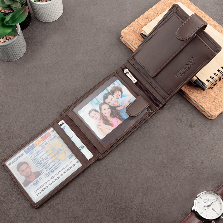 Portofel Bărbătesc din Piele Naturală cu Închidere, Protecție RFID, pentru Carduri Contactless și Monede (maro)