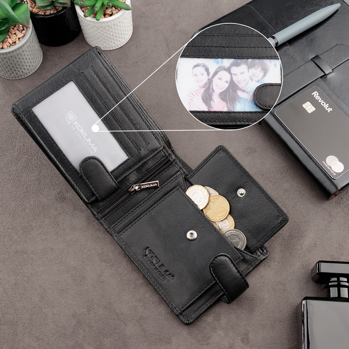 Portofel Bărbătesc din Piele Naturală cu Închidere, Protecție RFID, pentru Carduri Contactless și Monede (Negru)