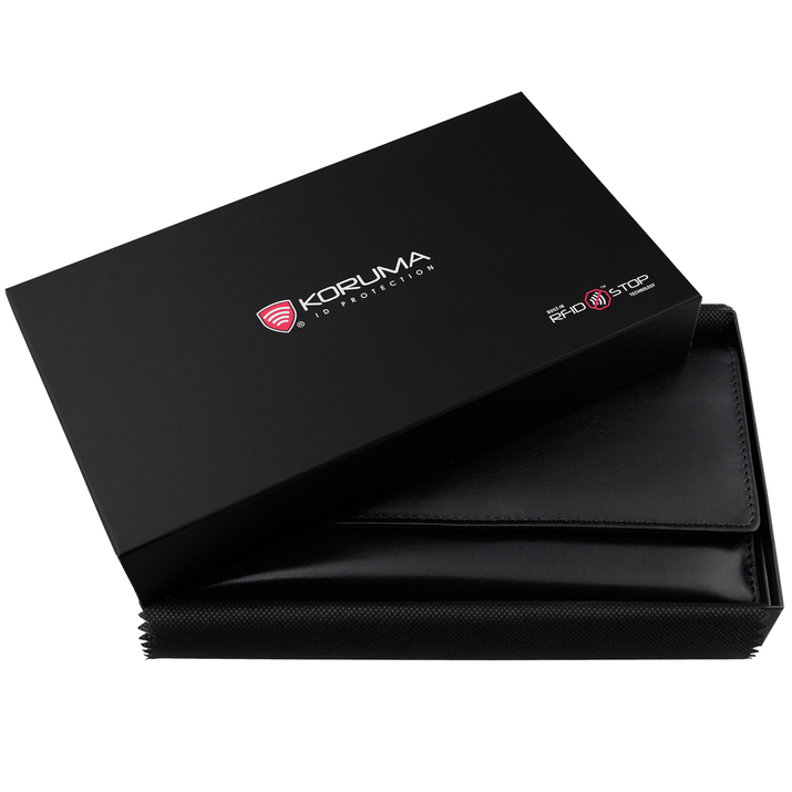 Portofel din piele pentru femei pentru securitatea cardurilor de proximitate (Negru lucios neted)