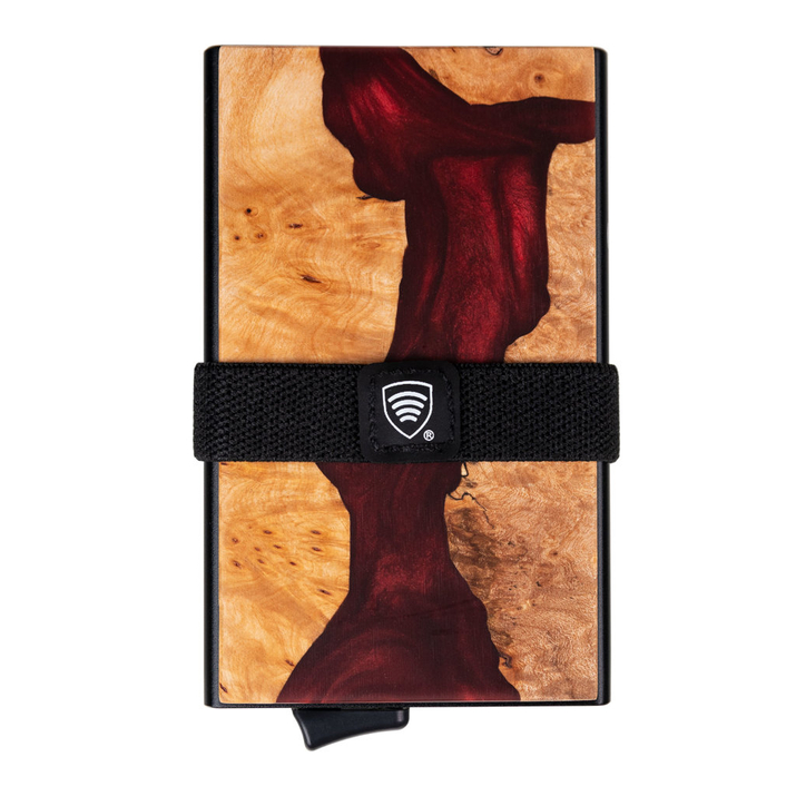 Portofel din aluminiu cu glisiere pentru carduri și protecție pentru carduri de proximitate (lemn + rășină roșie)