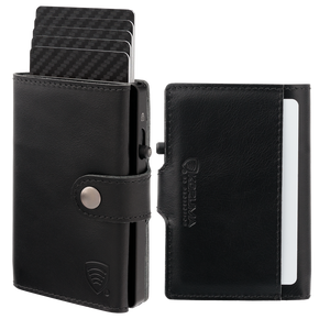 Portofel bărbătesc din piele cu buzunar exterior pentru carduri și carcasă din aluminiu (negru)