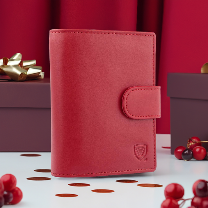 Portofel Dama din Piele Naturală cu Protecție RFID pentru Carduri și Monede (Roșu)