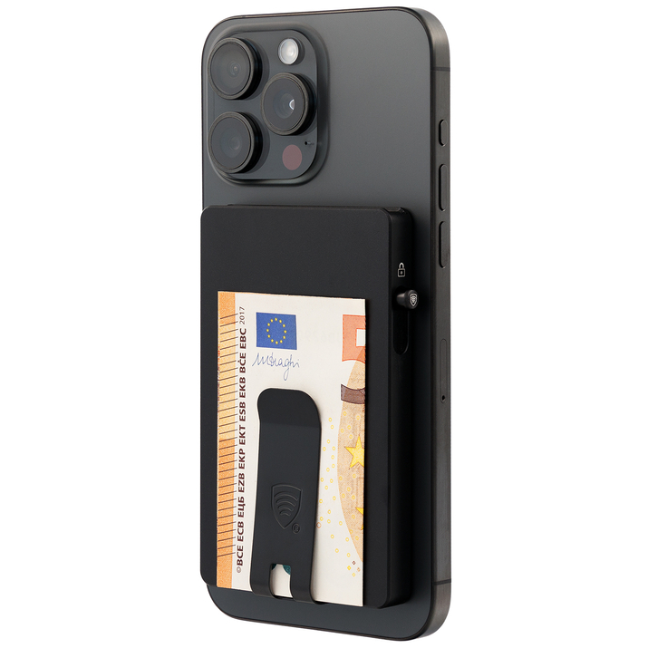 Cutie pentru carduri din aluminiu cu magsafe și clip pentru notițe (negru)