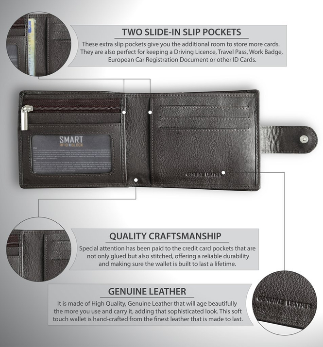 Portofel bărbătesc din piele cu fermoar și securitate RFID (maro)