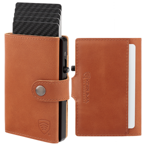 Portofel bărbătesc din piele cu buzunar exterior pentru carduri și carcasă din aluminiu (maro)