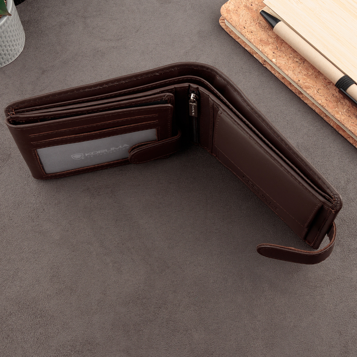 Portofel Bărbătesc din Piele Naturală cu Închidere, Protecție RFID, pentru Carduri Contactless și Monede (maro)