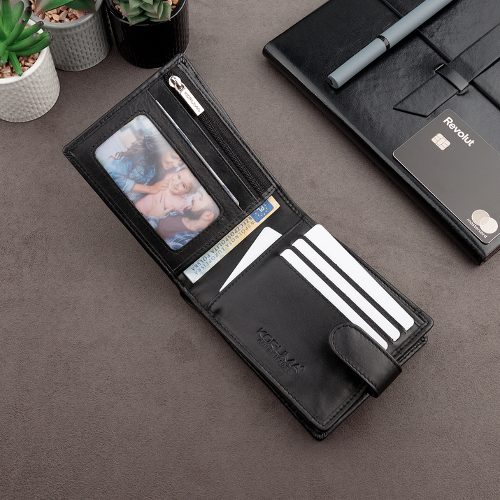 Portofel RFID orizontal din piele pentru bărbați pentru carduri și monede de proximitate (negru)