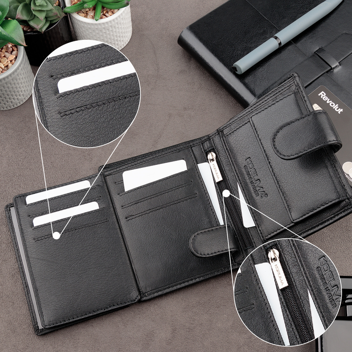 Portofel Bărbați din Piele Naturală cu Protecție RFID BLOCK pentru Carduri și Monede (negru)