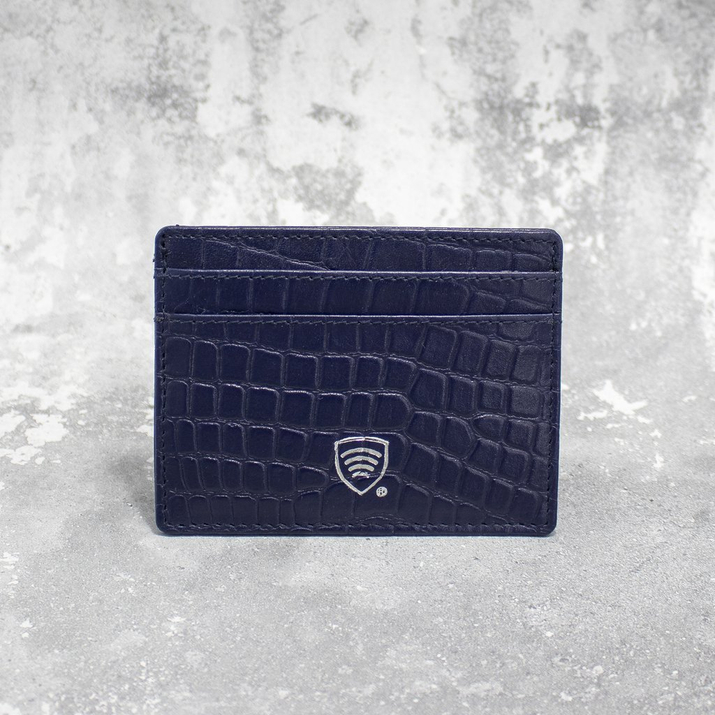 Husă antifurt din piele pentru carduri de proximitate RFID (albastru marin, Croco)