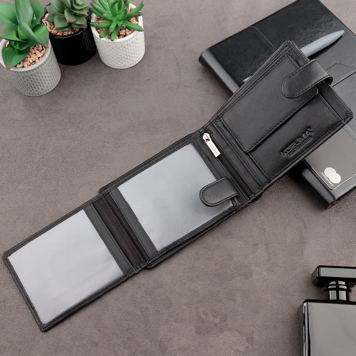 Portofel Bărbătesc din Piele Naturală cu Închidere, Protecție RFID, pentru Carduri Contactless și Monede (Negru)