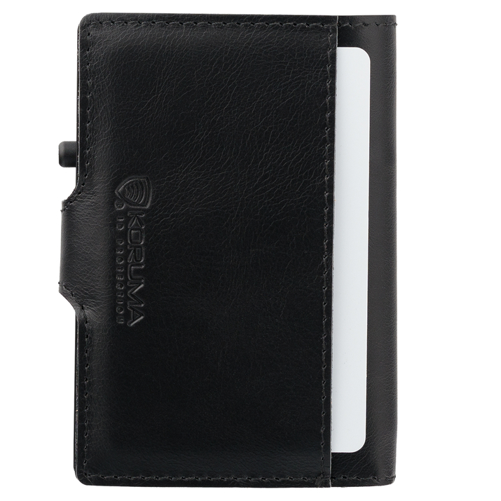 Portofel bărbătesc din piele cu buzunar exterior pentru carduri și carcasă din aluminiu (negru)