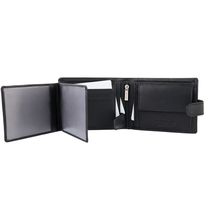 Portofel Bărbătesc din Piele Naturală cu Închidere, Protecție RFID, pentru Carduri Contactless și Monede (Negru)