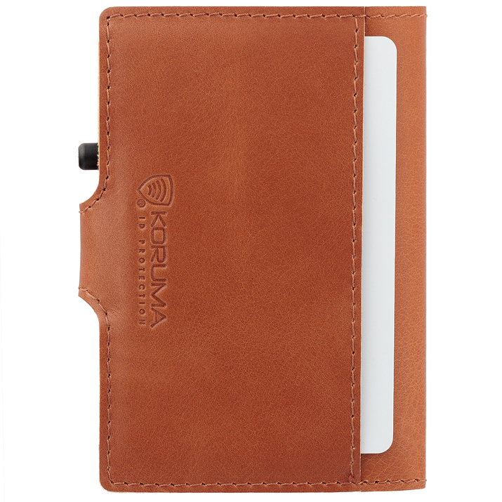 Portofel bărbătesc din piele cu buzunar exterior pentru carduri și carcasă din aluminiu (maro)