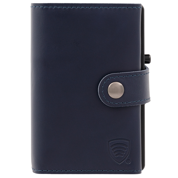 Portofel bărbătesc din piele cu buzunar pentru monede și carcasă din aluminiu (albastru marin)