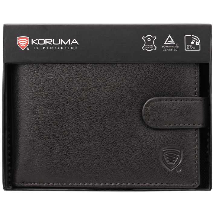 Portofel Bărbătesc din Piele Naturală cu Închidere, Protecție RFID, pentru Carduri Contactless și Monede (Maro Întunecat)