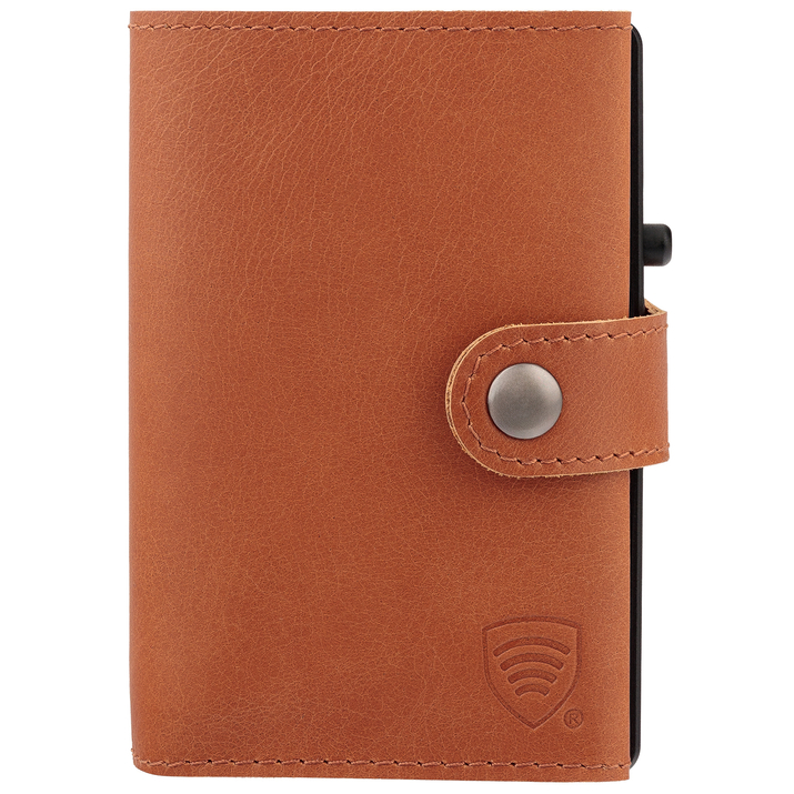 Portofel bărbătesc din piele cu buzunar exterior pentru carduri și carcasă din aluminiu (maro)