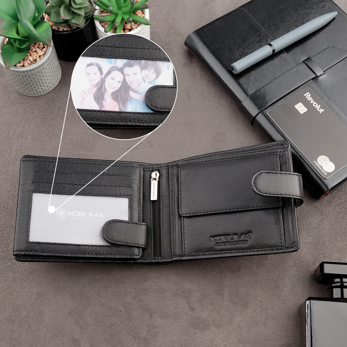 Portofel Bărbătesc din Piele Naturală cu Închidere, Protecție RFID, pentru Carduri Contactless și Monede (Negru)