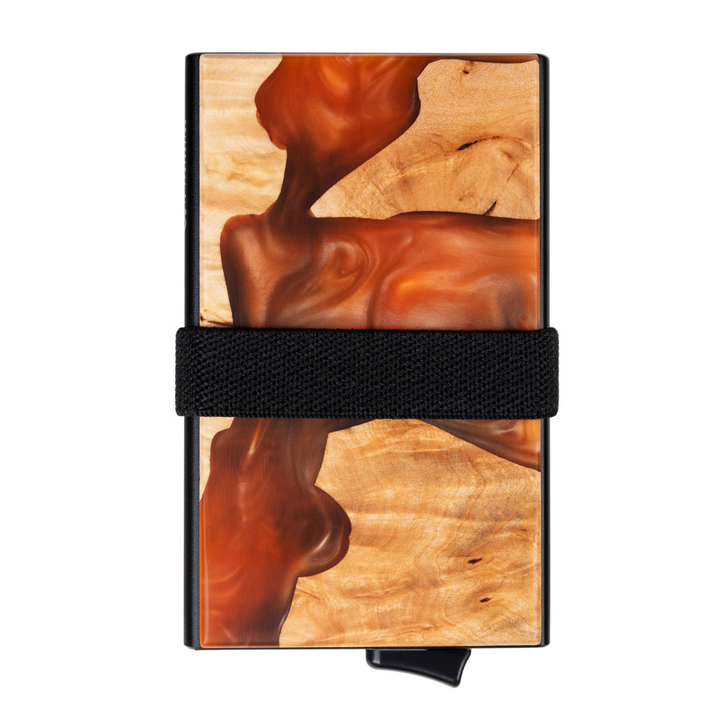 Portofel din aluminiu cu glisiere pentru carduri și protecție pentru carduri de proximitate (lemn + rășină portocalie)