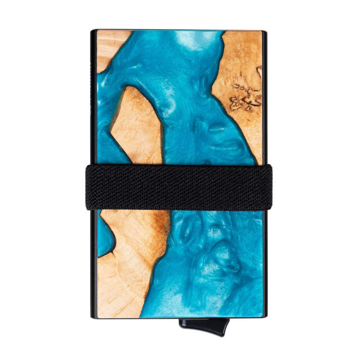 Portofel din aluminiu cu carduri extraibile și protecție pentru carduri de proximitate (lemn + rășină turcoaz)