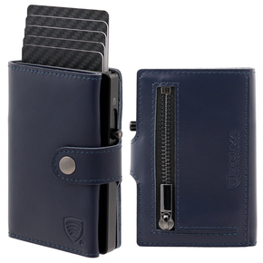 Portofel bărbătesc din piele cu buzunar pentru monede și carcasă din aluminiu (albastru marin)