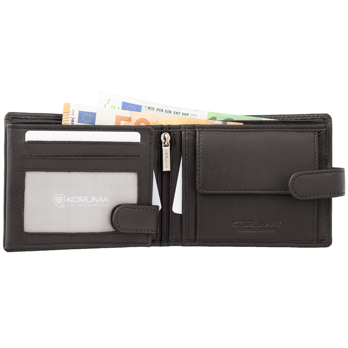 Portofel Bărbătesc din Piele Naturală cu Închidere, Protecție RFID, pentru Carduri Contactless și Monede (Maro Întunecat)