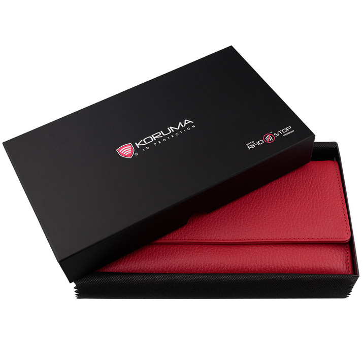 Portofel pentru femei din piele pentru carduri cu protecție RFID și spațiu pentru un smartphone (roșu)