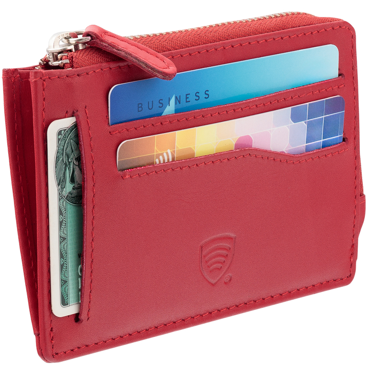 Portofel mic de carduri pentru femei din piele cu închidere cu fermoar (roșu)